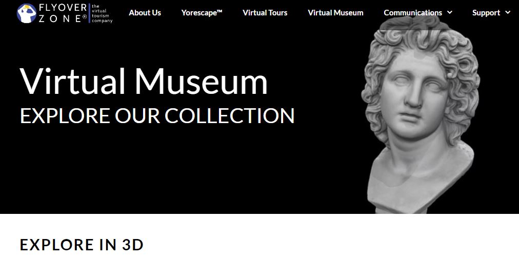 Startbild der Webseite von Flyover Zone mit dem Bild eines antiken Kopfes