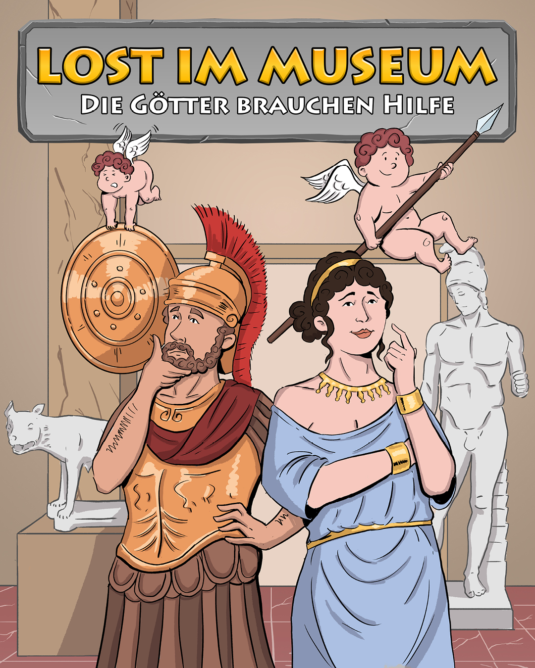 Mars und Venus stehen im Museum Rücken an Rücken und überlegen.